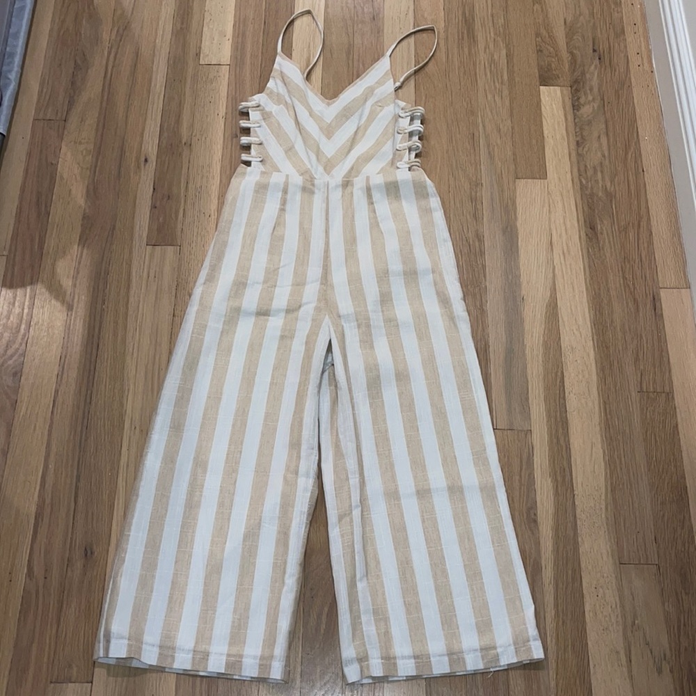 White and Cream Striped Side-Cutout Jumpsuit